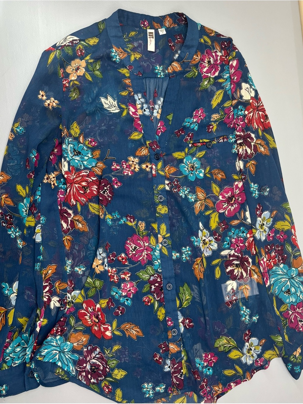 Kut from the Kloth Sheer Navy Floral Button-Front Blouse -small